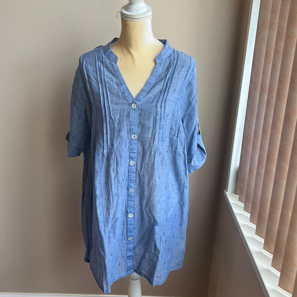 Womens Tunic Chambray Blue Swim Cotton Cover up Pintucks